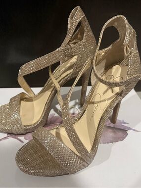 Jessica Simpson Champagne Glitter Strappy High Heels
